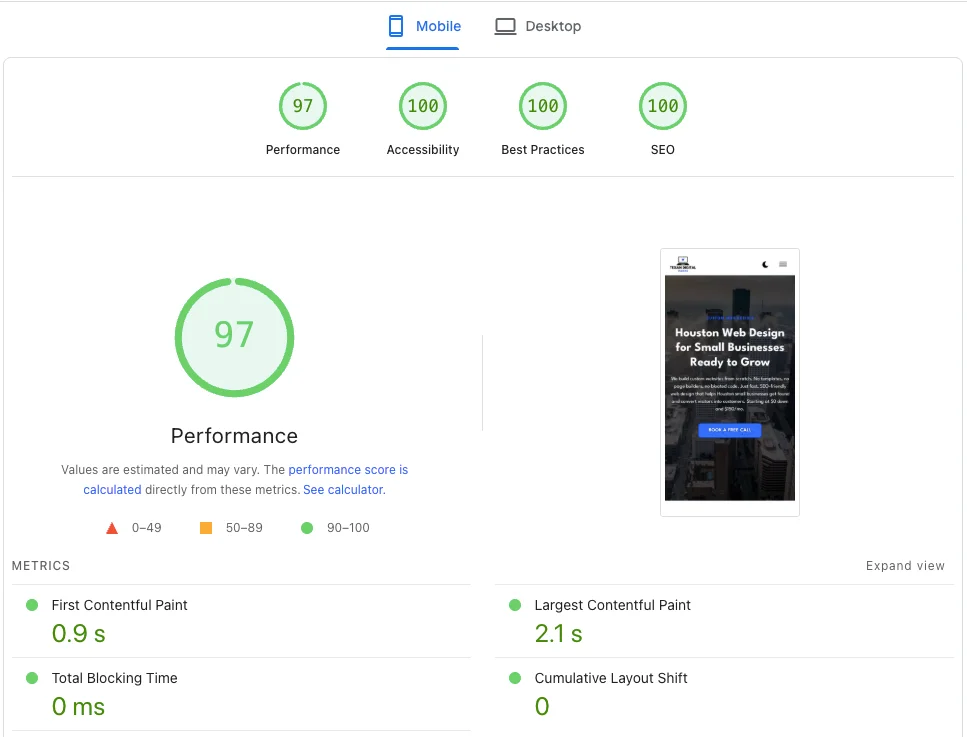 Google PageSpeed Insights score showing 98 performance rating